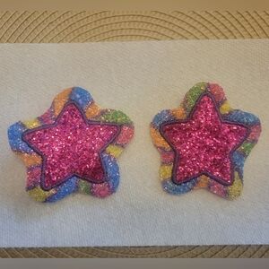 HAIR CLIPS pair of glittered pink/rainbow colored w/purple embroidered star.